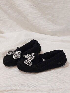 UGG Black Suede Moccasin Slippers with Check Bow Size 8